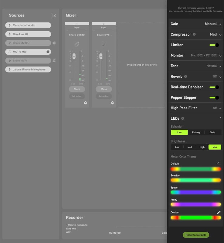 A screenshot of audio mixing software displaying various controls, including sliders for volume and gain, buttons for mute and solo, and advanced settings like reverb, compressor, and equalizer. at the bottom, there's a wave form display for recording.